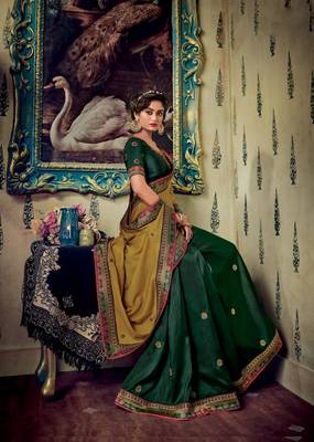 Mustard embroidered satin saree with blouse 2