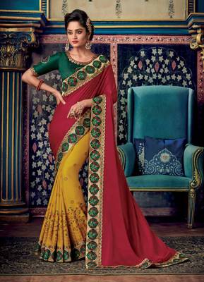 Maroon embroidered satin saree with blouse 1
