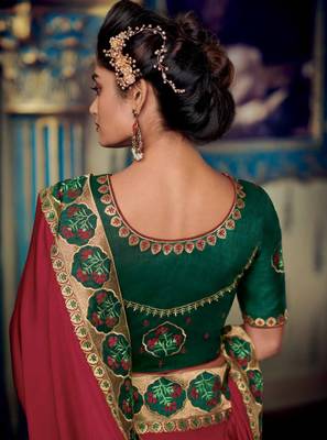 Maroon embroidered satin saree with blouse 3
