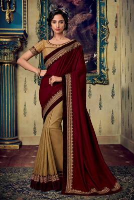 Maroon embroidered satin saree with blouse 1
