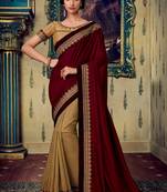 Maroon embroidered satin saree with blouse