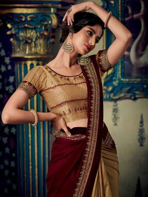 Maroon embroidered satin saree with blouse 2
