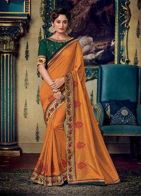 Orange embroidered satin saree with blouse 1