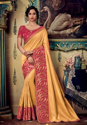 Cream embroidered satin saree with blouse 1