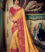 Cream embroidered satin saree with blouse