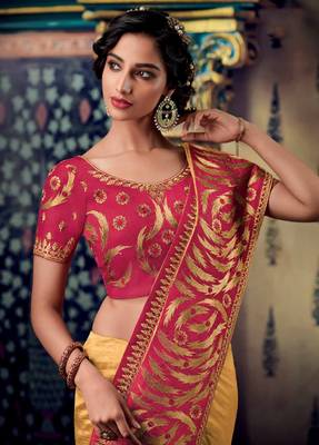 Cream embroidered satin saree with blouse 2