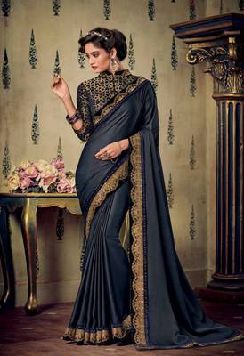 Blue embroidered satin saree with blouse 1
