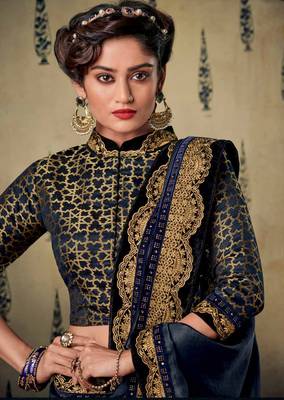 Blue embroidered satin saree with blouse 2