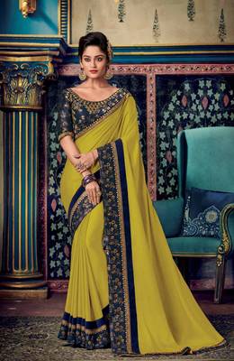 Lime embroidered satin saree with blouse 1