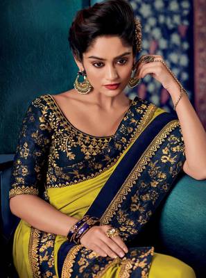 Lime embroidered satin saree with blouse 2