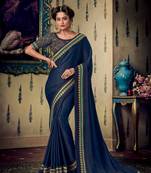 Navy blue embroidered satin saree with blouse