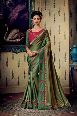 Light green embroidered satin saree with blouse 1