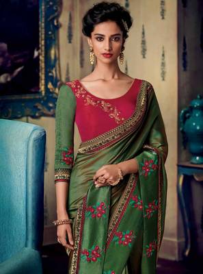 Light green embroidered satin saree with blouse 2