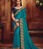 Aqua blue embroidered satin saree with blouse
