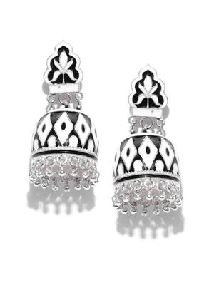 Infuzze Silver-Toned & Black Dome Shaped Meenakari Jhumkas 1