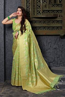 Light parrot green woven banarasi silk saree with blouse 1