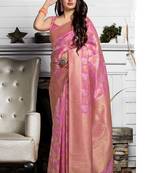 Baby pink woven banarasi silk saree with blouse