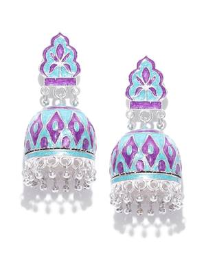 Infuzze Silver-Toned & Blue Dome Shaped Meenakari Jhumkas 1