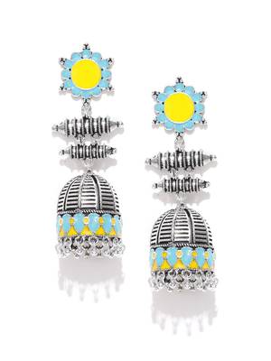 Infuzze Oxidised Silver-Toned & Blue Enamelled Dome Shaped Jhumkas 1