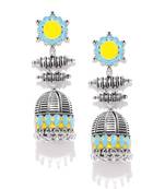 Infuzze Oxidised Silver-Toned & Blue Enamelled Dome Shaped Jhumkas