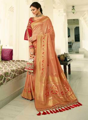 Peach woven silk saree with blouse 1