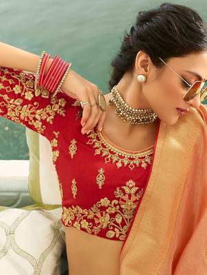 Peach woven silk saree with blouse 2