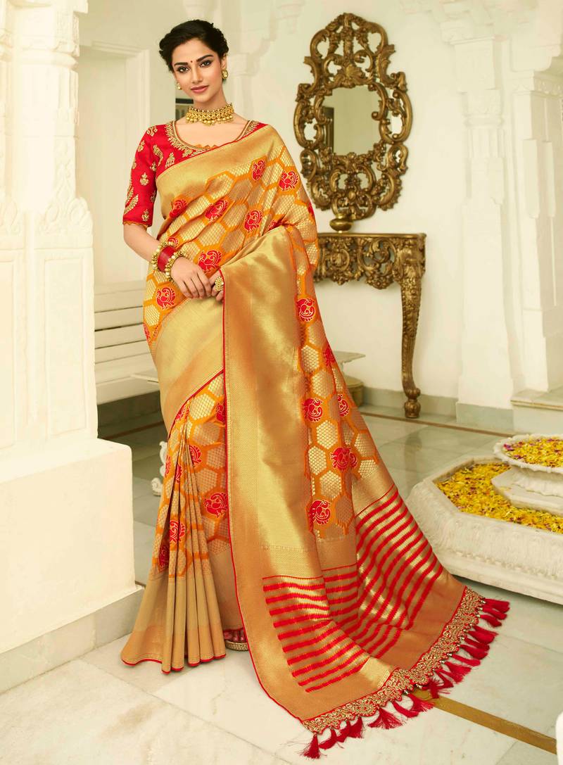 Mustard Woven Design Silk Blend Saree With Unstitched Blouse Piece