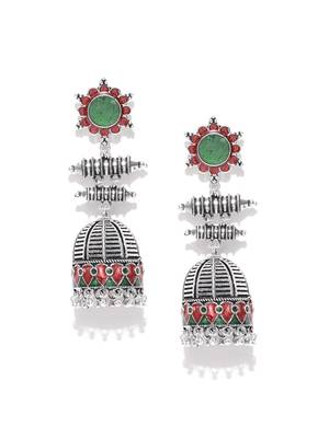 Infuzze Oxidised Silver-Toned & Red Enamelled Dome Shaped Jhumkas 1