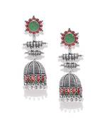 Infuzze Oxidised Silver-Toned & Red Enamelled Dome Shaped Jhumkas