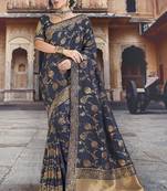 Navy blue woven silk saree with blouse