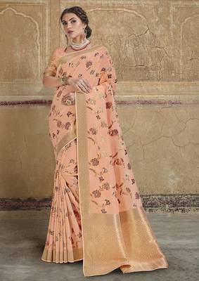 Peach woven silk saree with blouse 1