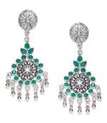 Infuzze Oxidised Silver-Toned & Green Stone-Studded Classic Drop Earrings