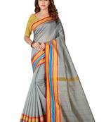 Blissta Grey Poly Cotton Printed Stripes Pattern saree With Gold Color Blouse