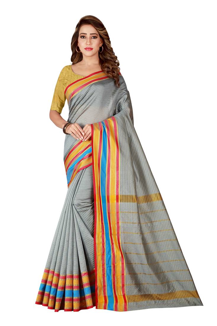 Blissta Grey Poly Cotton Printed Stripes Pattern saree With Gold Color Blouse