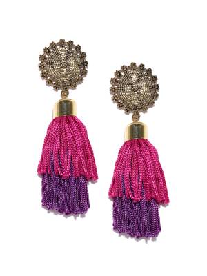 Infuzze Antique Gold-Toned & Pink Tasseled Circular Drop Earrings 1