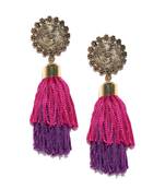 Infuzze Antique Gold-Toned & Pink Tasseled Circular Drop Earrings