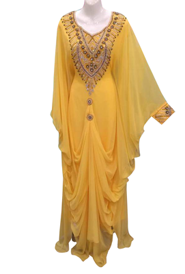 yellow georgette moroccan dubai kaftan farasha aari and stone work dress 1