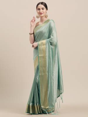 Green Coloured Solid Sana Silk Saree With Blouse Piece 1