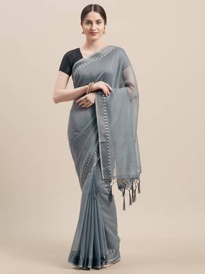 Grey Coloured Solid Cotton Silk Saree With Blouse Piece 1