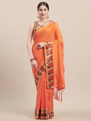Orange Digital Printed Colored Sana Silk Saree With Blouse Piece 1