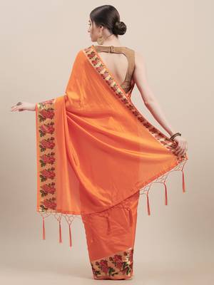 Orange Digital Printed Colored Sana Silk Saree With Blouse Piece 2