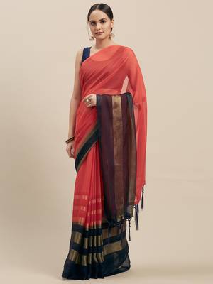 Red & Navy Coloured Chiffon saree with Blouse Saree. 1