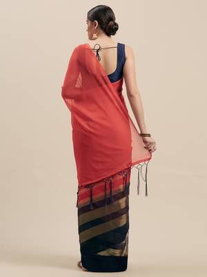 Red & Navy Coloured Chiffon saree with Blouse Saree. 2