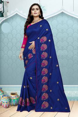 Blue Embroidered Silk Saree With Blouse 1