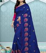 Blue Embroidered Silk Saree With Blouse
