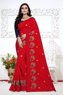 Red Embroidered Silk Saree With Blouse 1