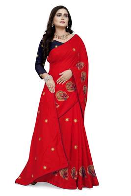 Red Embroidered Silk Saree With Blouse 3