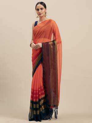 Orange & Navy Coloured Chiffon saree with Blouse Saree. 1