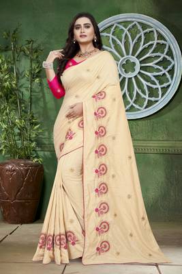 Off-White Embroidered Silk Saree With Blouse 1