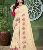 Off-White Embroidered Silk Saree With Blouse